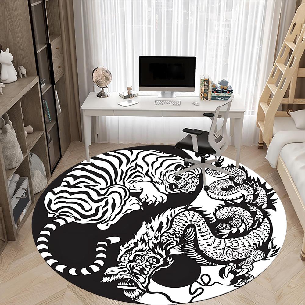 1 Stück Tiger Drache YinYang Büro Runder Teppich, Unter Bürostühlen Schlafzimmer Wohnzimmer Heimdekoration, Raumdeko, In Verschiedenen Größen Erhältlich
