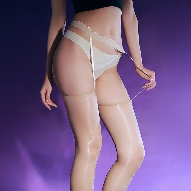 Damen Ultra-Dünne, Glänzende Schwarze Strümpfe mit Strapsen - Verführerisch, Transparent und Color-Blocked.