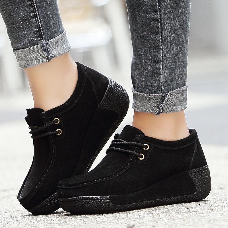 Genuine Leather Platform Flat Shoes Women Lace Up Plush Nubuck Cow Suede Sneakers Ladies Swing Shoes Wedge Shallow Espadrilles