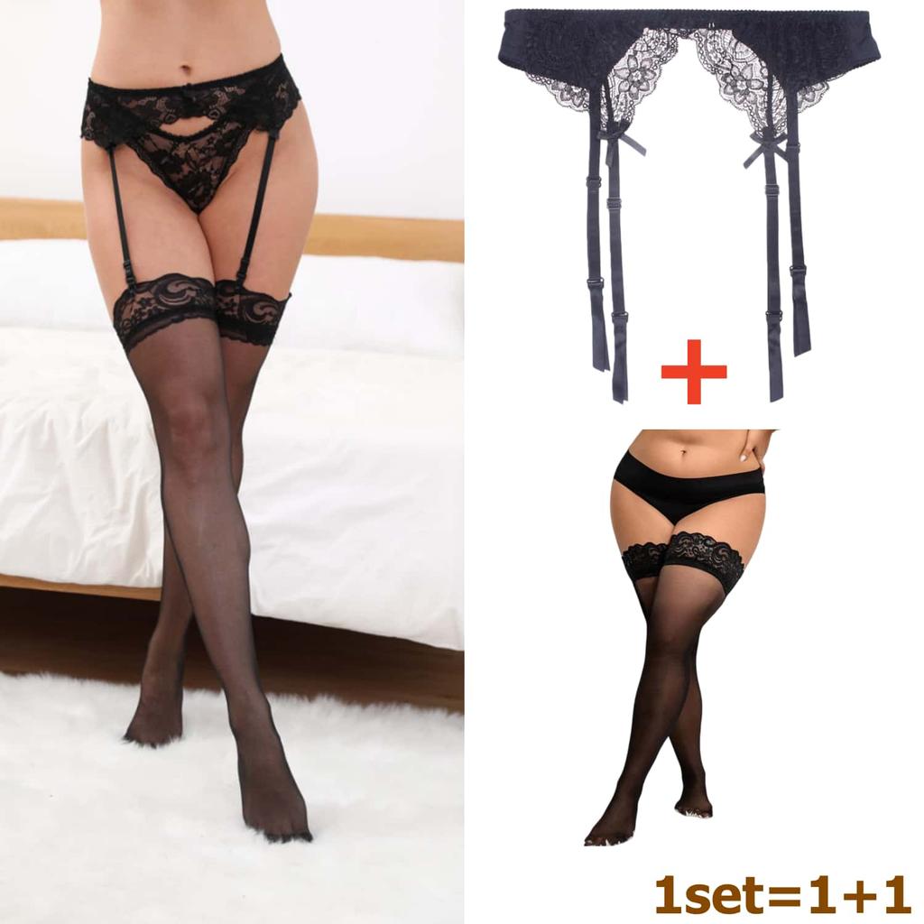 2Pcs Women'S Adjustable Non-Slip Stockings High Waist Garter Belt Plus Size Sock Set Lace Mesh Suspender One-Piece Pantyhose Xxl