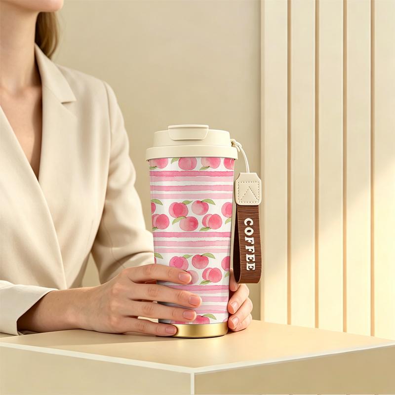 532ml Coffee Mug Peach Stripe Motif Outdoor Travel Thermos Stainless Steel Coffee Thermos Leakproof Flip Car Cup Car Handy Cup 532ml Coffee Mug