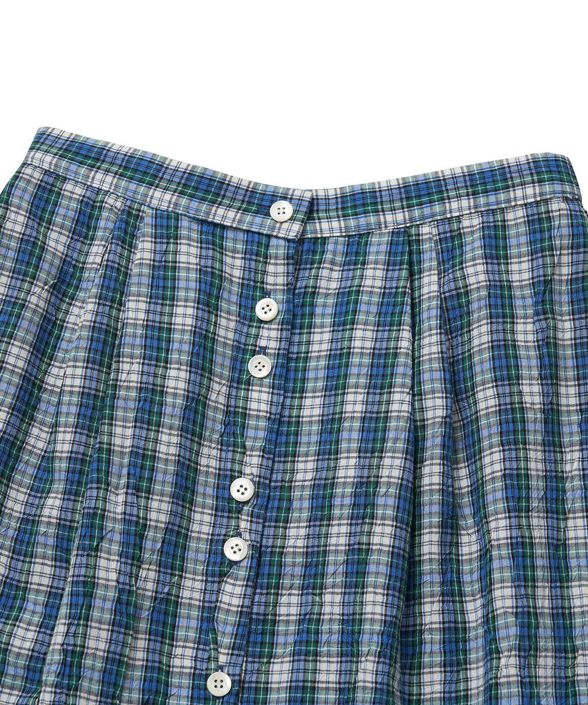 COTTON BELL Button Placket Flare Skirt - Blue Check