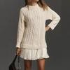 Winter Long Sleeve Twist Knitted Sweater Dress Woman O Neck Ruffle Chiffon Pleated Dresses Fall Solid Warm A-Line Pullover Dress