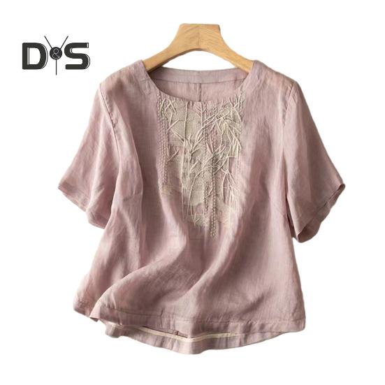 

Женские топы с круглым вырезом и коротким рукавом, вышитый бамбуковый узор, футболка, однотонная свободная летняя футболка L светло-фиолетовый