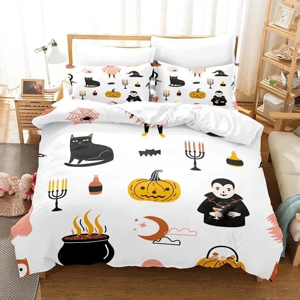 Comforter Halloween Bedding Set Kingqueen Size Cartoon Pumpkin Lantern Castle And Bat Dark Horror Night Polyester