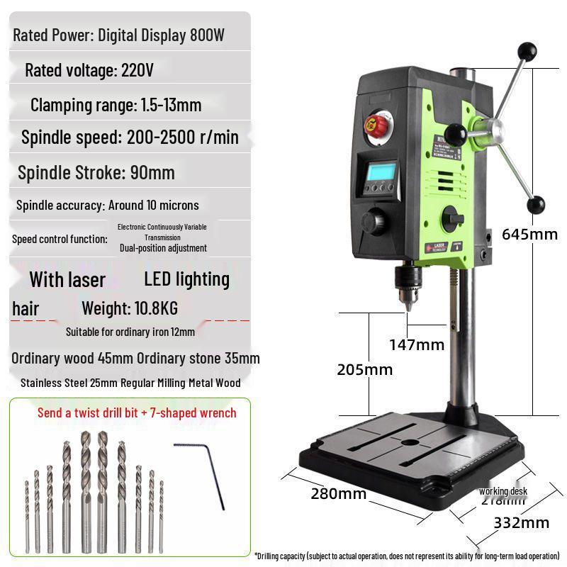 Multifunctional Desktop Electric Drill Press with Digital Display, 220V Industrial Grade Bench Drill for Household Use.