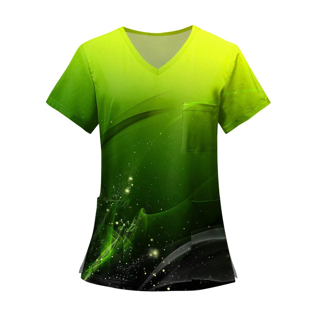 Women's Fashion Printed Short Sleeve V Neck Pattern Tops Pocket Working T-shirts