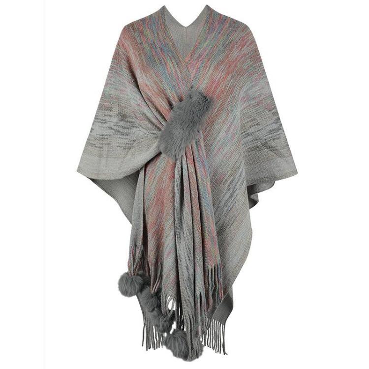 Women Winter V-Neck Loose Knitwear Cardigan Bat Sleeve Cross Border Cloak Autumn Color Collision Sweater