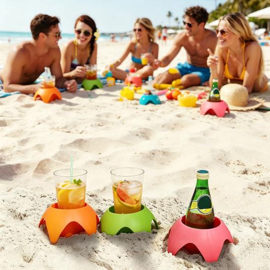 Becherhalter für den Strand in kräftigen Farben Stapelbarer tragbarer Getränkehalter für Handys Snacks Sonnencreme Sandfreier Organizer für Reisen Camping Picknick Familie