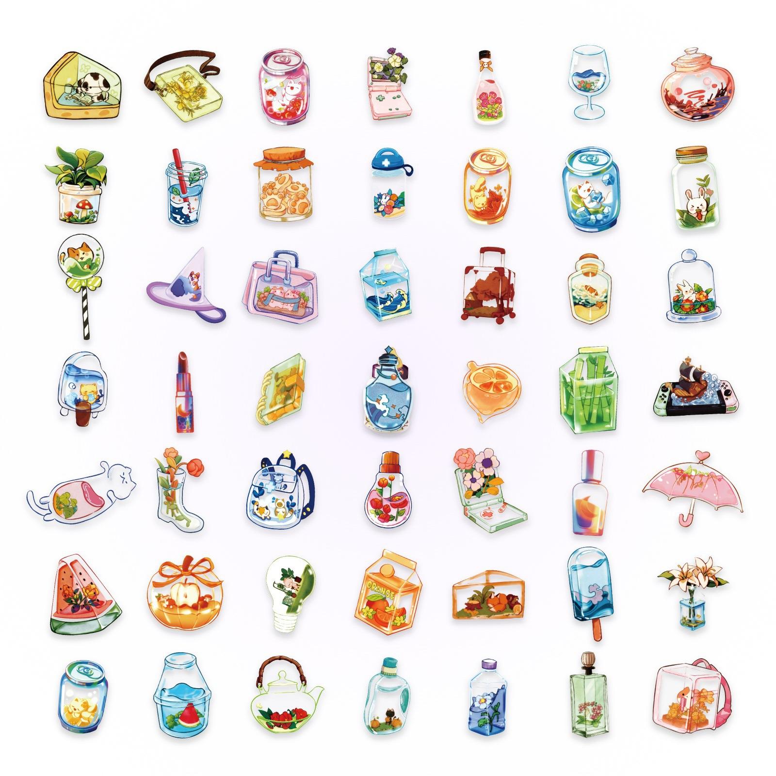 

50/100 Pcs HD Summer Cartoon World in Bottle PET Clear Stickers Waterproof Scrapbook Cute DIY for Phone File Folder Laptop Decal