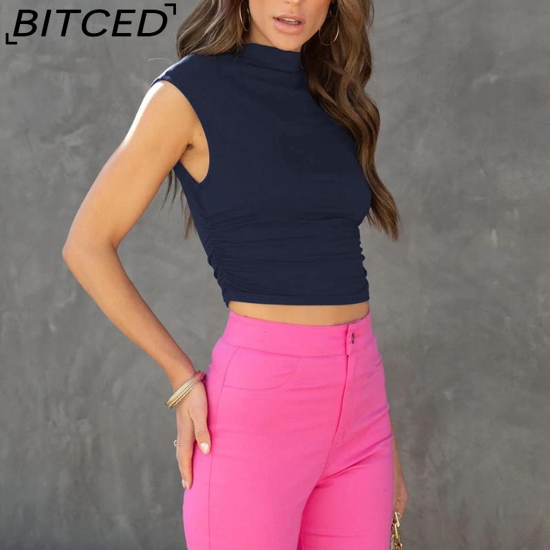 BITCED Women's Half-High Neck Top Casual Versatile Cropped Tank Top Short-Length Gathered Polyester-Cotton Blend Spicy Girl Style