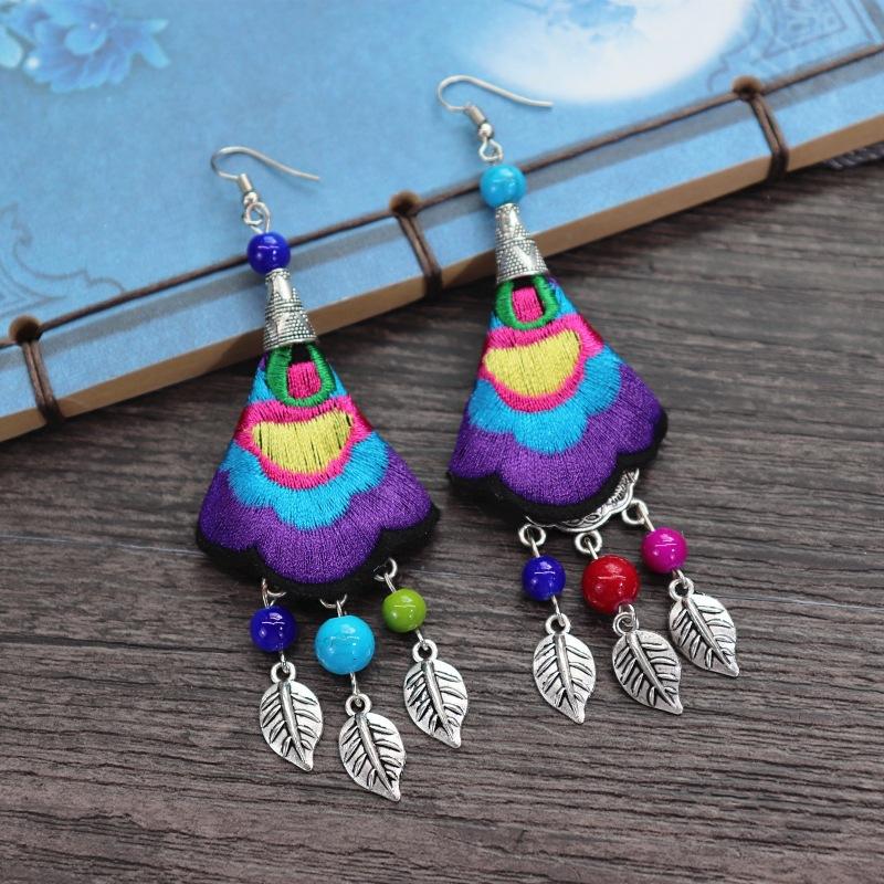 Retro hand-embroidered fabric earrings female long flower fringed versatile temperament performance earrings earrings