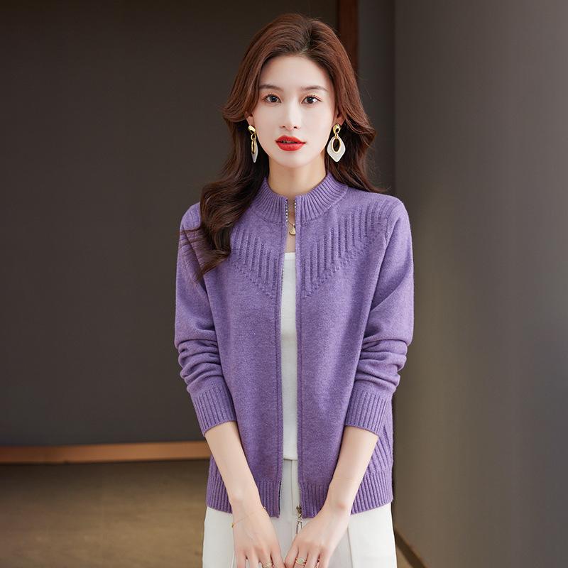 

Куртка-свитер на молнии для женской осени и зимы, короткий кардиган крупной вязки с круглым вырезом, однотонная вязаная куртка с длинными рукавами 2XL фиолетовый