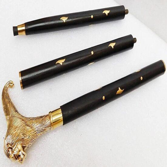 Vintage Lion Head Walking Stick Solid Brass Handle Wooden Cane Handmade Antique Collectible Giftb