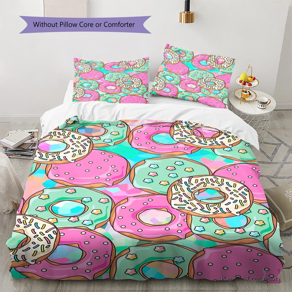 Donuts Pattern Bedding Quilt Set Quilt Cover Pillowcase Home Decoration Gift (1 * duvet cover + 2 * pillowcase, without core)