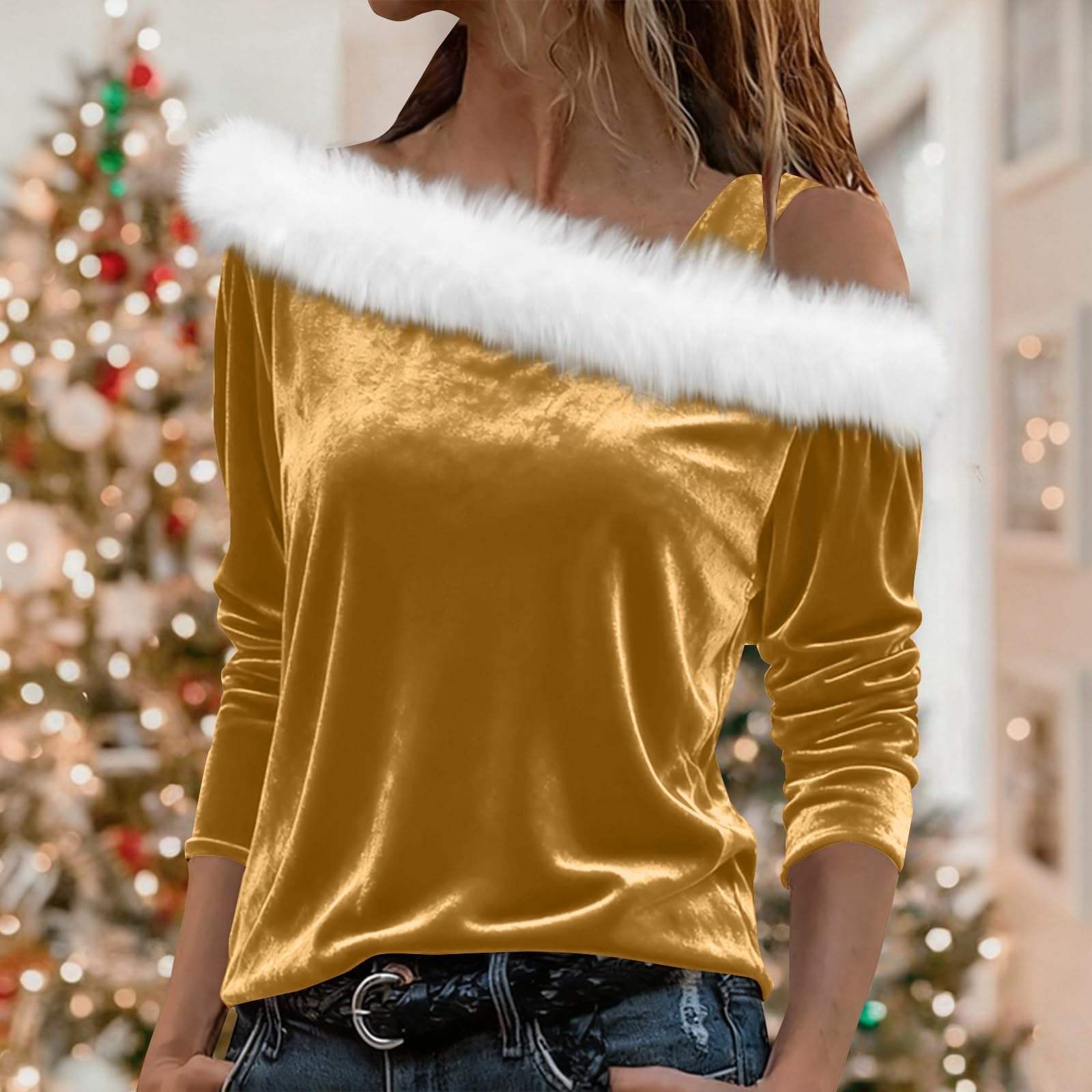 

Женский Модный Повседневный Рождественский Пуловер с Длинным Рукавом и Искусственной Отделкой, Элегантный, Мягкий, Удобный XL золотой