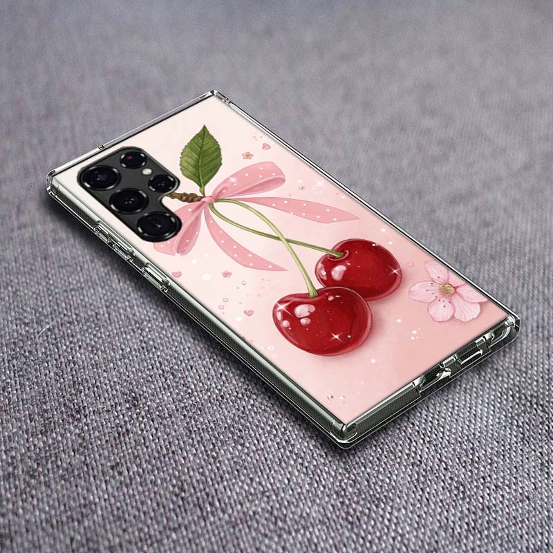 Cherry Bow Phone Case For Samsung Galaxy S24 S23 S21 S20 FE S22 S26 Ultra S25 Edge S10 Plus Cover Clear TPU Capa Shell Coque Sho