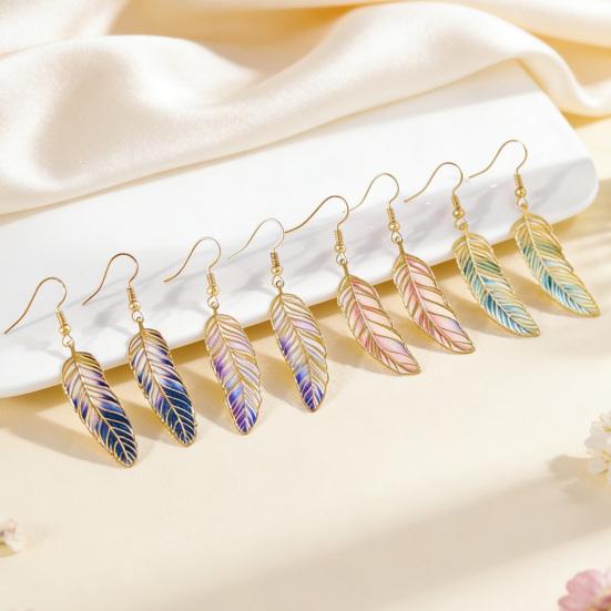1 Pair Hook Earrings Retro Style Gradient Color Enamel Technology Gold-Plated Edges Feather Shape Drop