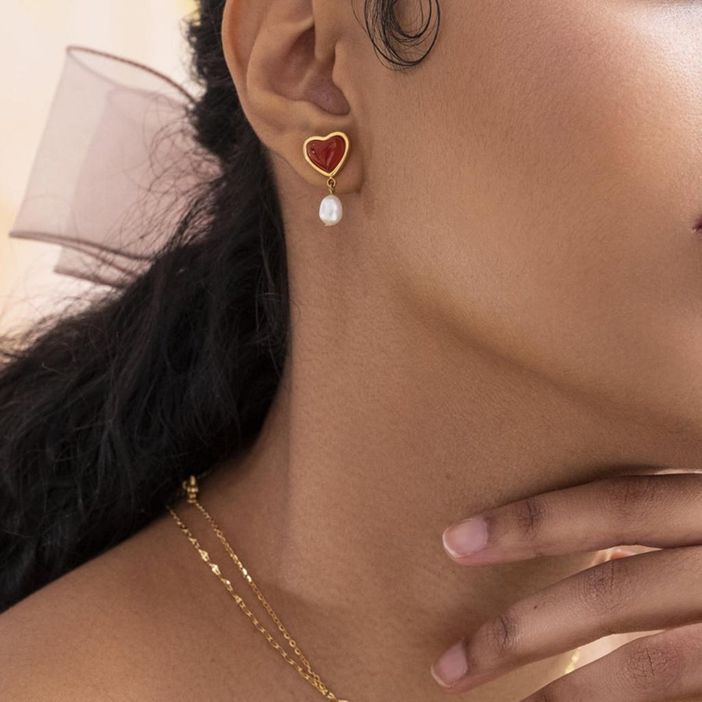 Youthway Romantic Stainless Steel Red Onyx Love Bracelet Necklace Earring Set Valentine's Day Zircon Gift for Women