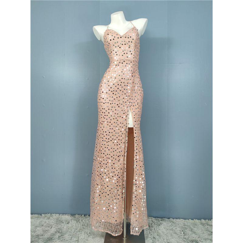 

Export Single Temperament Camisole High Quality Sexy Beaded Sequins High Slit Ladies Banquet Beautiful Special Dress Pink L