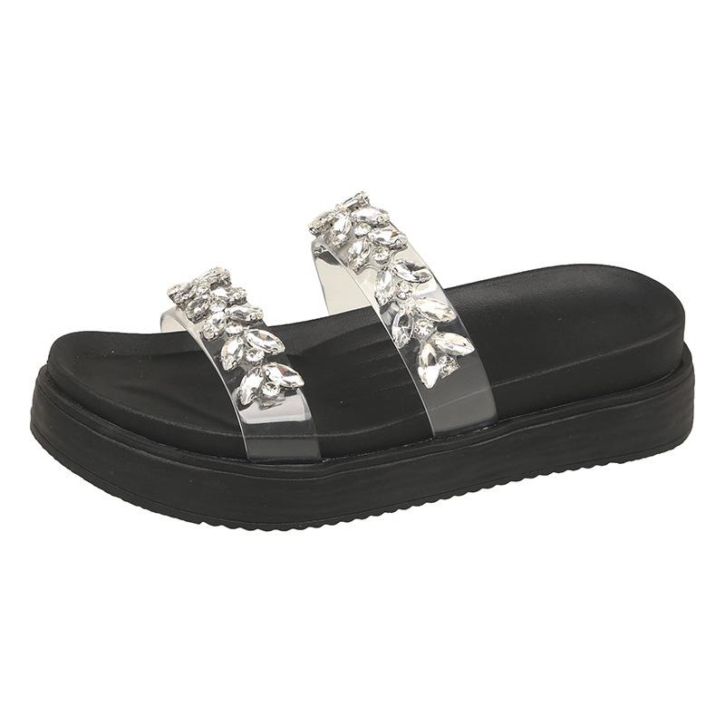 Rhinestone Transparent Belt One-word Cool Slippers Fairy Shoes Wear 2025 Summer Thick-soled Height-increasing Small Slippers