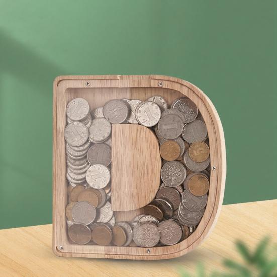 Wooden Piggy Bank with Clear Window, A-Z Letter Coin Cash Container for Kids Adults, Unbreakable Money Saving Box Decoration