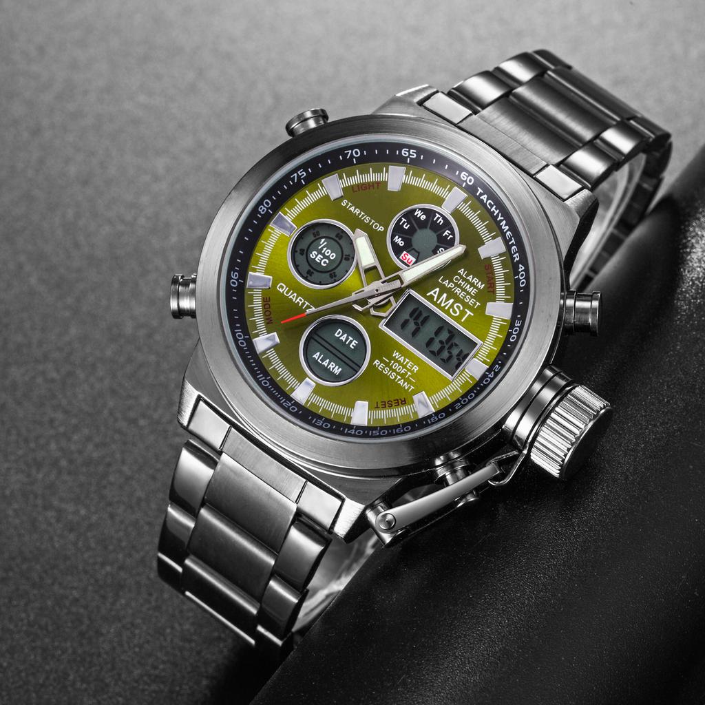 AMST Men Watch Top Luxury Brand Red Big Dial Sport Watches Mens Chronograph Quartz Wristwatch Date Male Clock Relogio Masculino