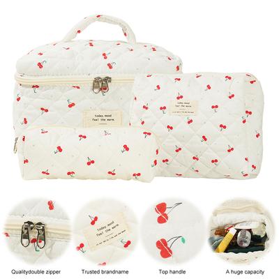 Women Quilted Makeup Bag Cosmetic Organizer Bag Large Capacity Aesthetic Cosmetic Bag Cherry Pattern Cute Toiletry Bag