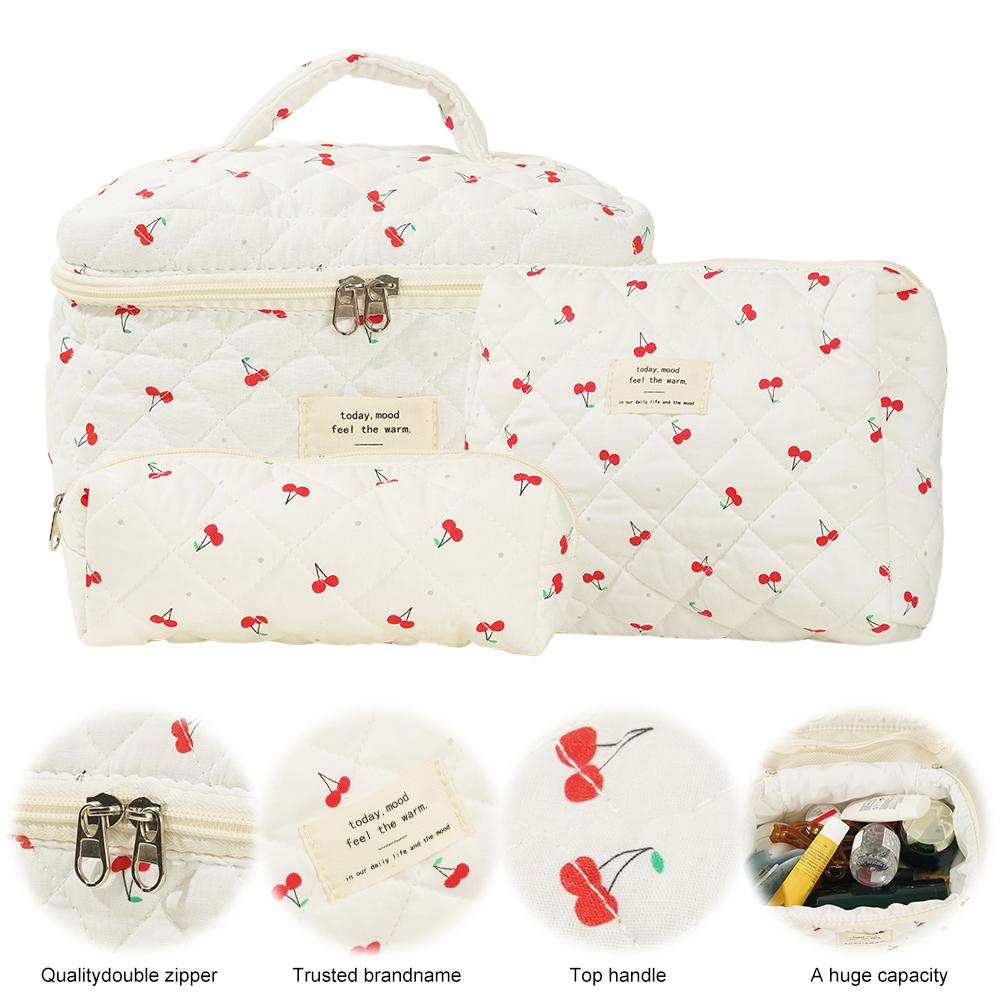 Women Quilted Makeup Bag Cosmetic Organizer Bag Large Capacity Aesthetic Cosmetic Bag Cherry Pattern Cute Toiletry Bag