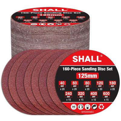 SHALL Schleifpapier 125mm x 20 Blatt x 15 Blatt für und Metallpolieren 160-teilige Scheiben, 8-Loch, Durchmesser, Rund, 40#, 60#, 80#, 120#, 180# je, 240#,