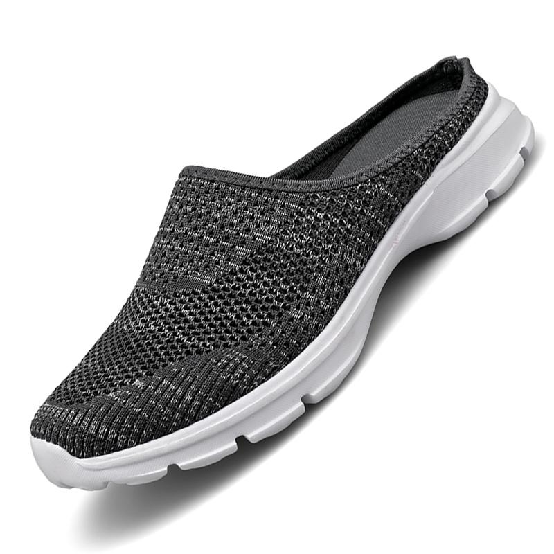 Unisex Slip-on Flats Round Toe Half Slippers Knitted Mesh Walking Shoes Lightweight Big Size 35-48 Leisure Shoes Anti-slip
