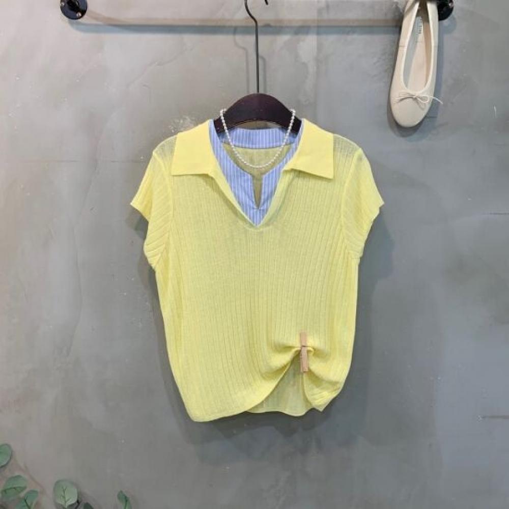 C S In The Room Layered Shirt Open Collar Cap Sleeve Knit 4Color