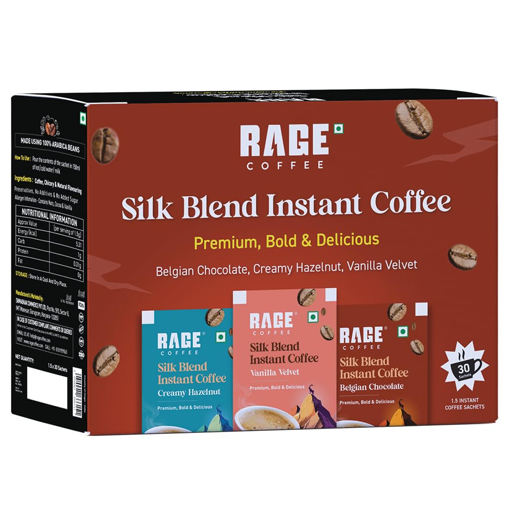 Rage Coffee Silk Blend Assorted Coffee Sachets | Pack of 30 | Rich & Bold Instant Coffee Flavour Coffee | Vanilla Velvet, Belgian Chocolate, Creamy