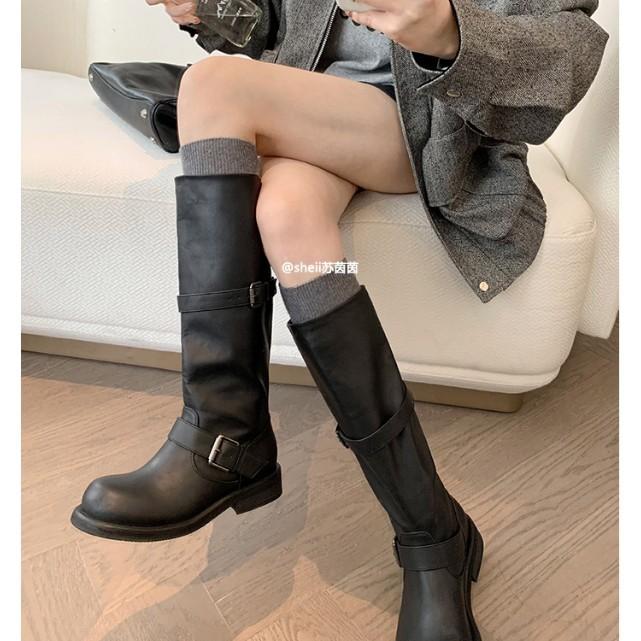 Su Yinyin has the same sand dune aesthetics~ retro double buckle medium and high tube western boots female round head versatile thick-soled knight