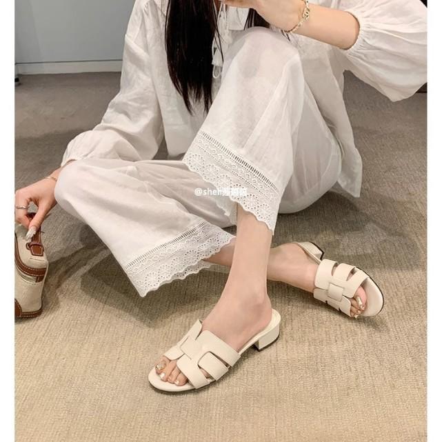 Su Yinyin's same round-headed lizard-patterned soft leather one-word thick-heeled slippers women's niche casual versatile commuter cool slippers