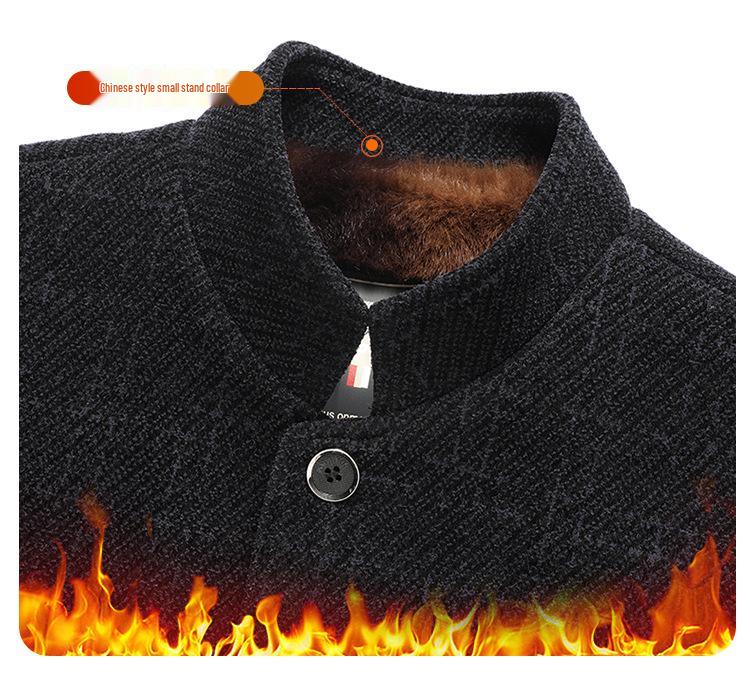 Men's Winter Wool Coat: Dad Style Stand Collar, Plus Velvet Thickened, Mid-Length Jacket for Middle-Aged and Elderly.