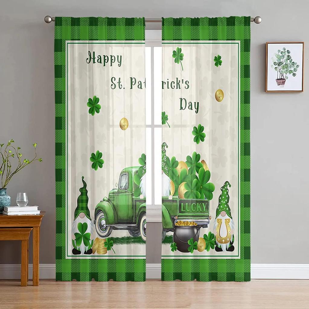 St Patrick Day Curtains Shamrocks Gold Beer Hat Voile Curtain Green Lucky Leaves Window Drapes Bedroom Living Room Sheer For Area Made Of Polyester