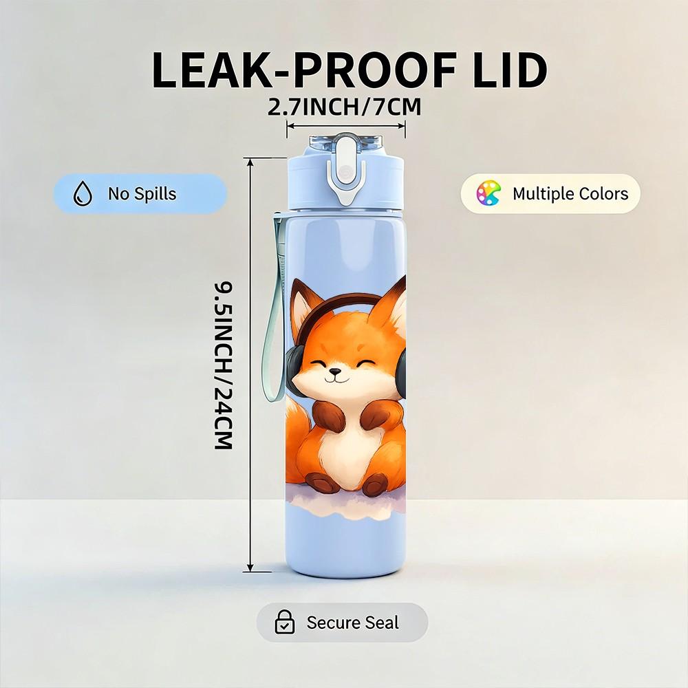 1PC Headphone Wearing Fox 750ml Color Plastic Sports Water Bottle Leakproof Flip Straw Lid Suitable for Sports Office Home Use