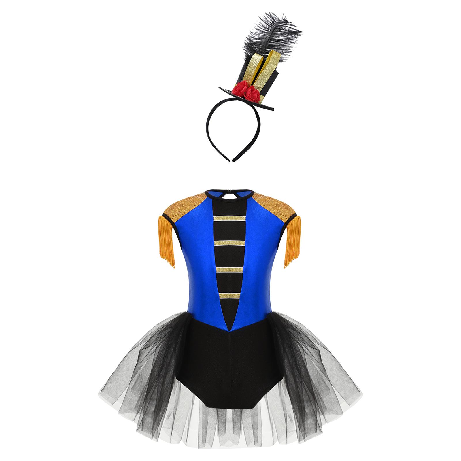 

Girls Honour Guard Costume Rhinestone Decorated Leotard Long Sleeve Tassel Shoulder Feather Hat Marching Band Outfit 9-10 Years королевский синий