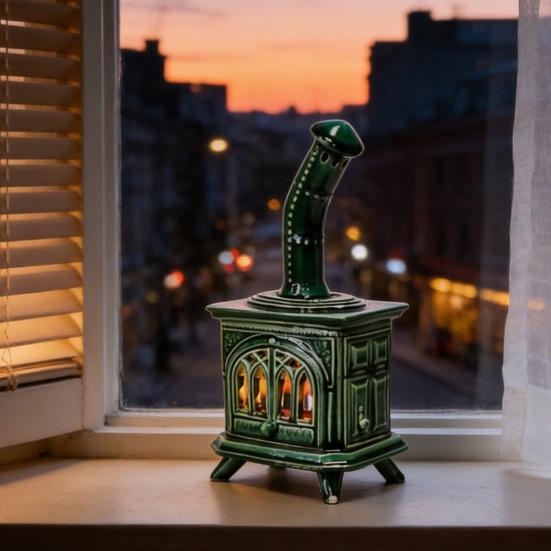 Stove Figurine with LED Candle Battery Operated Fireplace Night Light Vintage Tabletop Ornament for Living Room Bedroom Home Decor