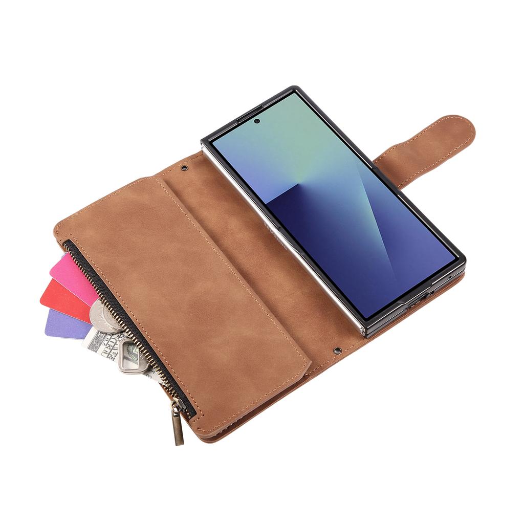 Zipper Magnetic Leather Phone Case For Samsung Galaxy Z Fold 7 6 5 4 3 5G Fold7 Fold6 Multi-card Wallet Kickstand Card Cover
