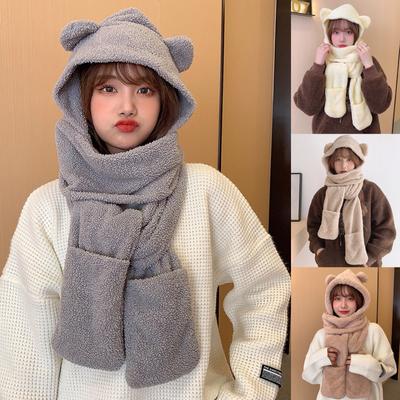  Hat Scarf Gloves Women Cute Cartoon Thick Hat Ear Protectors Warm Plush Hat