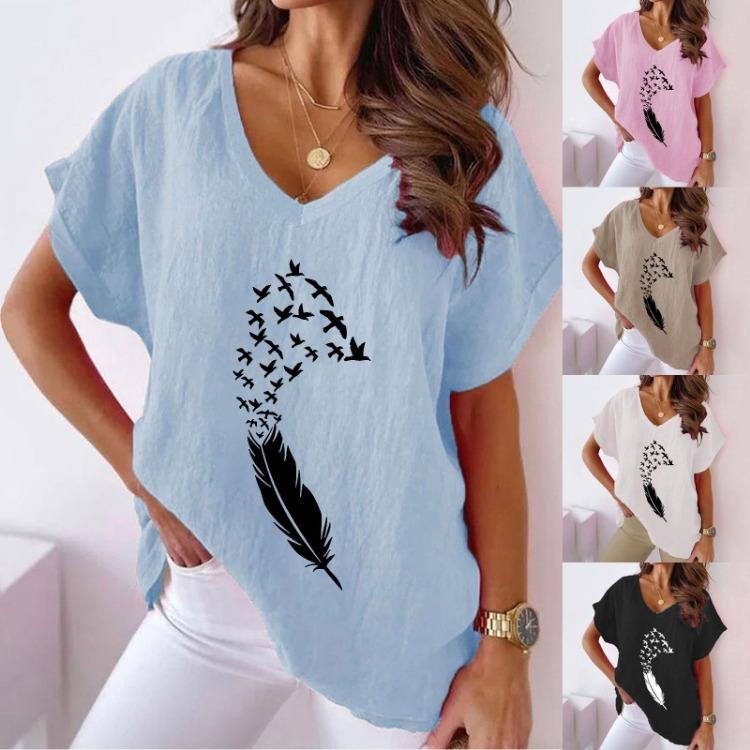 Women's Large Size Summer Casual V-neck Bat Short-sleeved Cotton Hemp Swallow Print T-shirt
