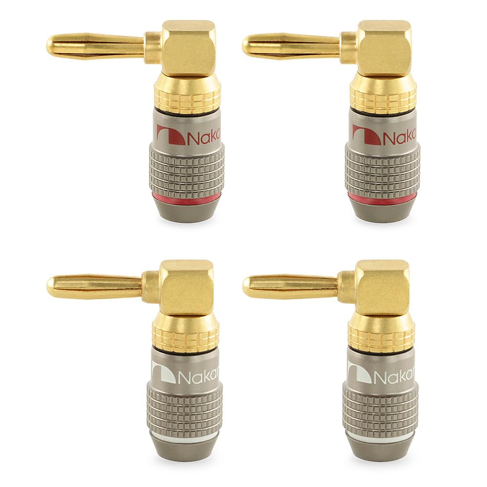 Nakamichi FanLock Excel Series 24k Gold Plated Right Angle Banana Plugs 10 AWG 18 AWG Gauge Size 4mm for Speaker Amplifier Stereo Home Theater Radio