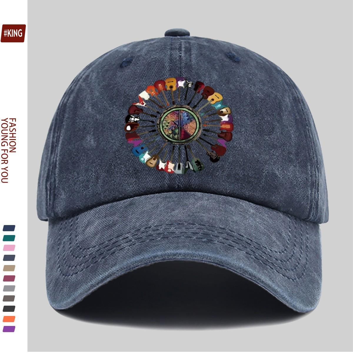 Guitar Peace Sign Washed Baseball Cap Vintage Cotton Adjustable Outdoor Unisex Cap One Size
