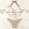 Women's Ribbed Cutout One-Piece Swimsuit Halter Monokini with Chain