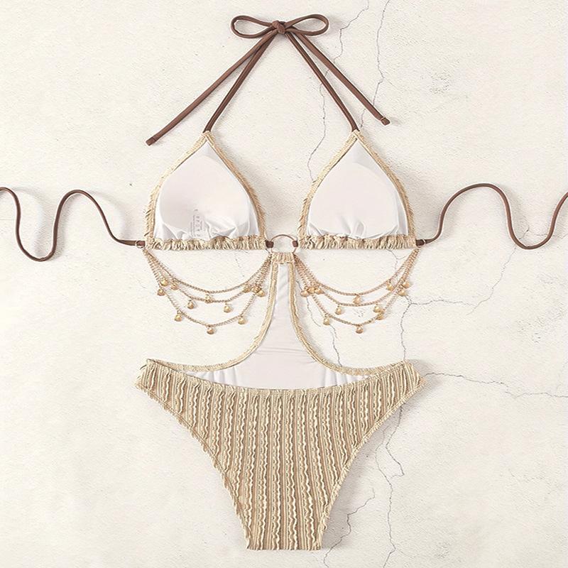 Women's Ribbed Cutout One-Piece Swimsuit Halter Monokini with Chain