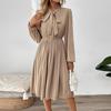 Elegant Pleated Skirt Dress with Bow Tie Collar and Puff Sleeves