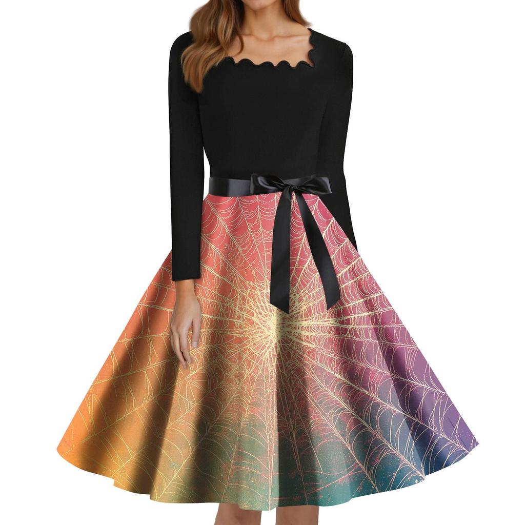 Women's Fashion Square Neck Casual Slim Halloween Printed Long Sleeve Dresses