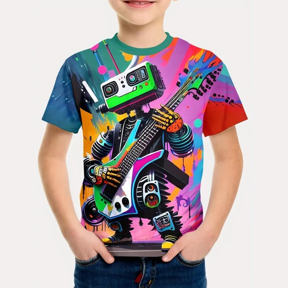 Children s clothing cartoon guitar printed short sleeved T-shirt summer outdoor casual round neck T-shirt children s clothing T-shirt 150